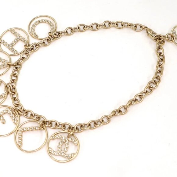 CHANEL CC Logos Charm Rhinestone Choker Necklace 18" Gold Tone B19P Auth w/Box - Picture 4 of 6